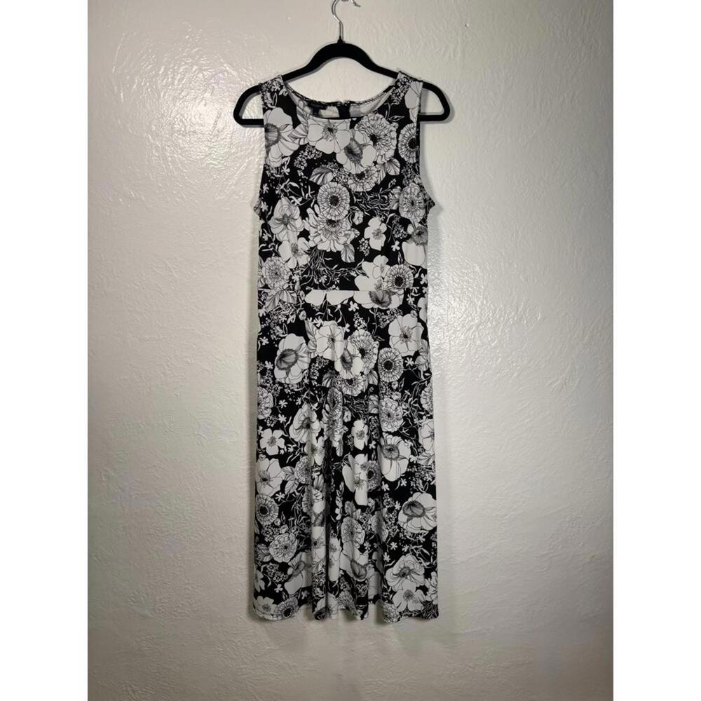 Talbots Sleeveless Midi Floral Dress Pockets Black White Sz‎ M Scoop Neck A Line